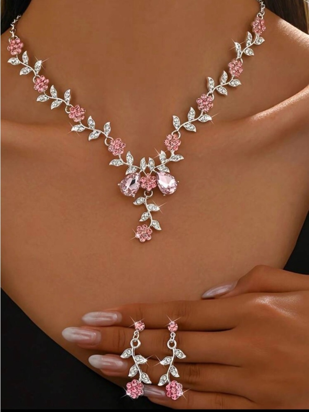 Pink Floral Crystal Necklace and Earring Set
